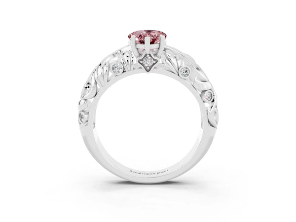 White gold Pear Cut Solitaire Morganite Leaf-Inspired Vine Band Ring with Prong Setting