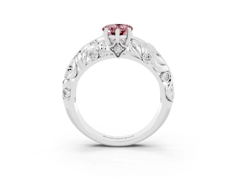 White gold Pear Cut Solitaire Morganite Leaf-Inspired Vine Band Ring with Prong Setting_3