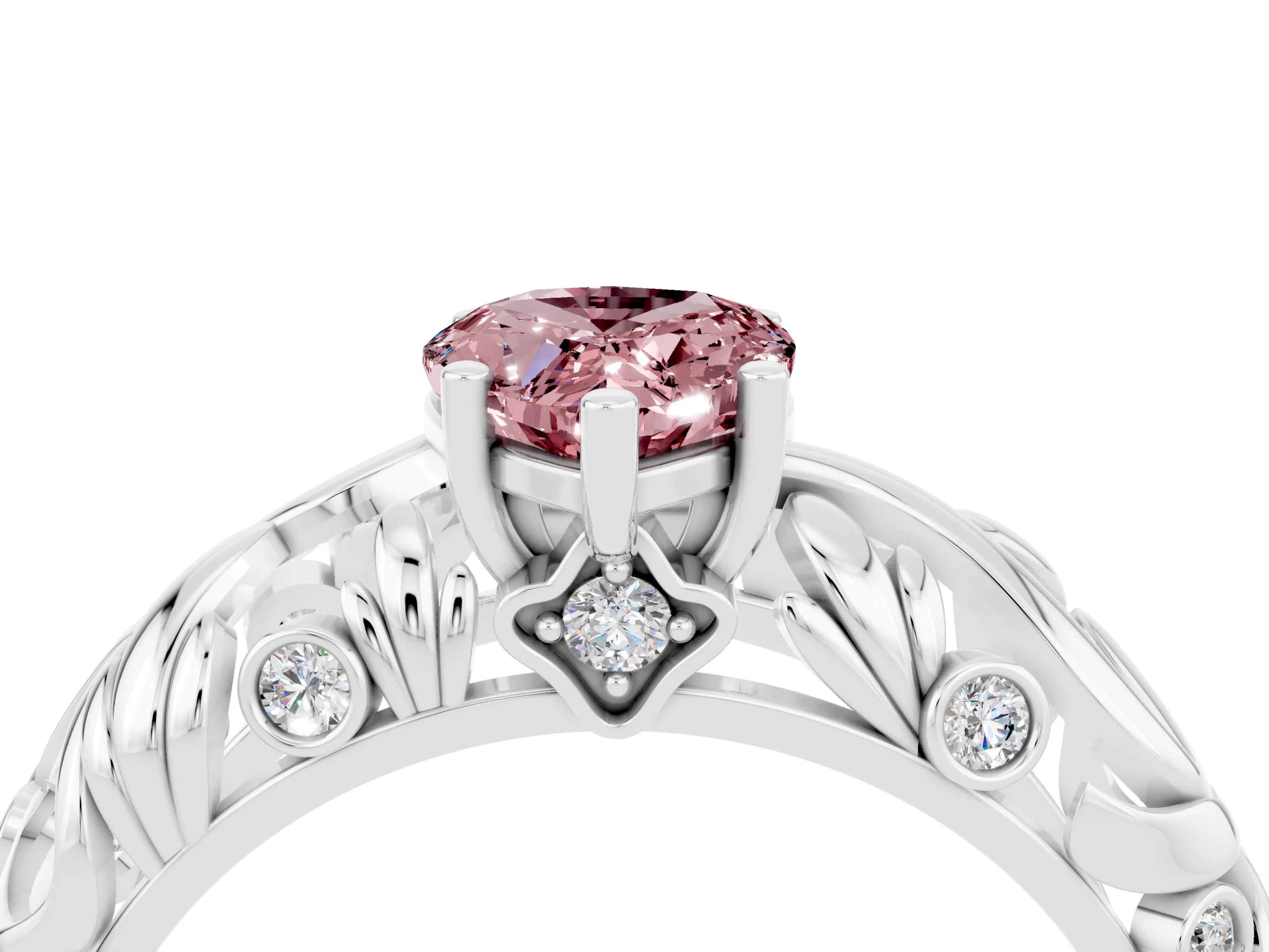 White gold Pear Cut Solitaire Morganite Leaf-Inspired Vine Band Ring with Prong Setting_4