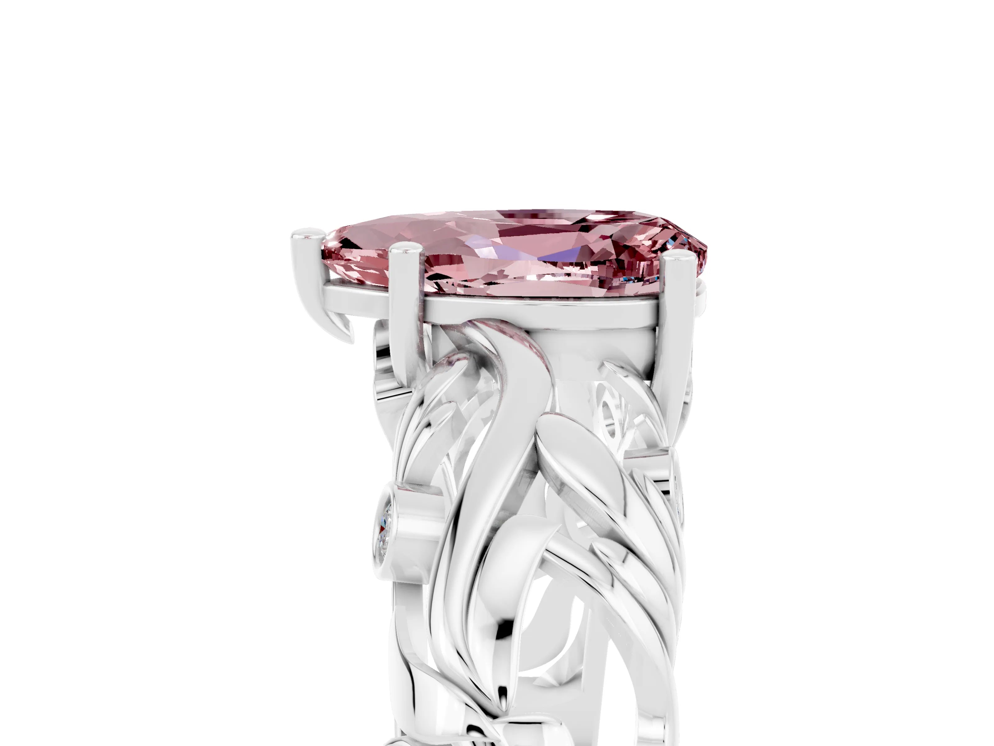 White gold Pear Cut Solitaire Morganite Leaf-Inspired Vine Band Ring with Prong Setting_5