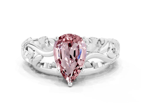 White gold Pear Cut Solitaire Morganite Leaf-Inspired Vine Band Ring with Prong Setting