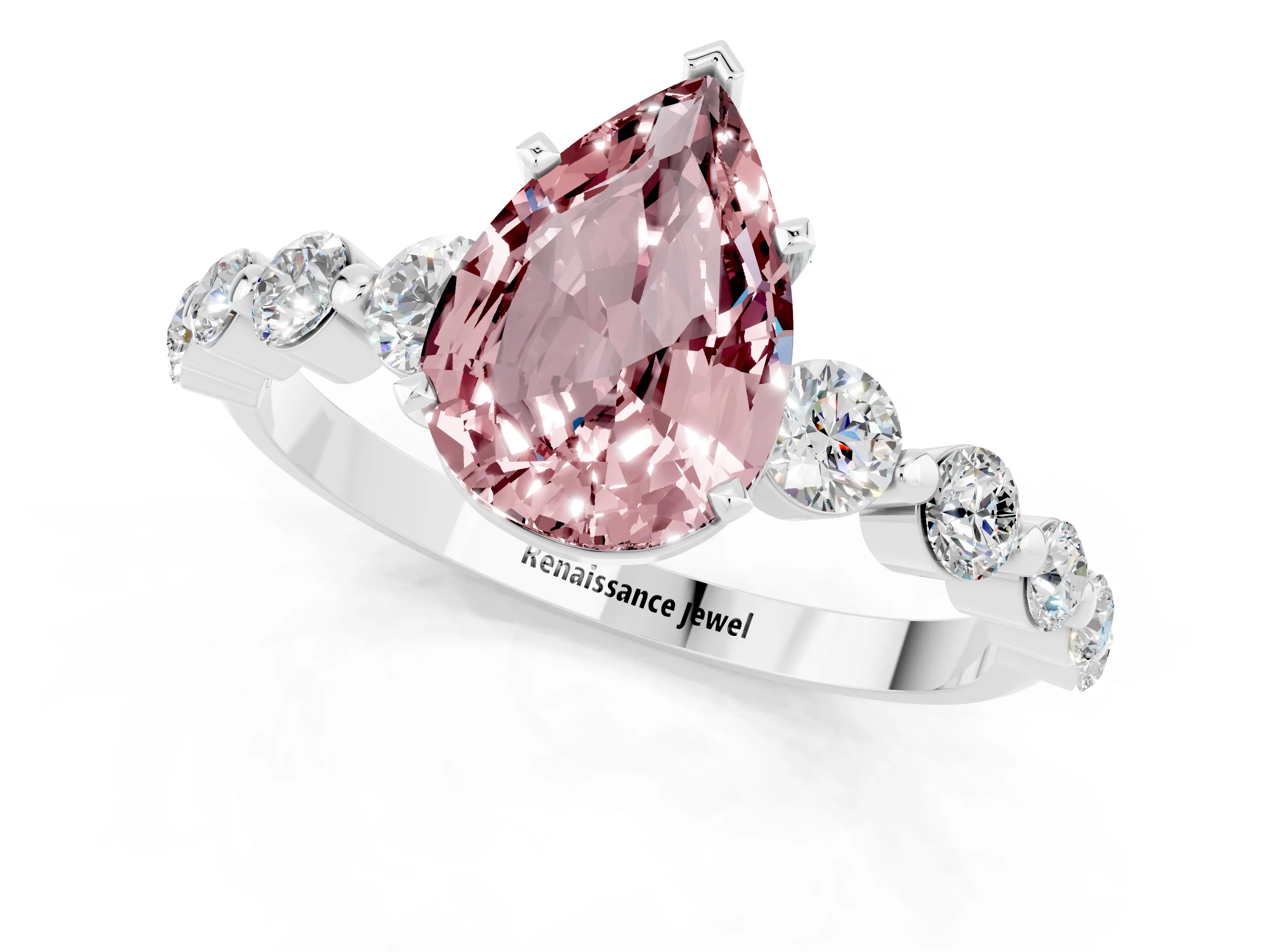 White gold Pear Cut Solitaire Morganite Ring with Pave Band and Four-Prong Setting_1