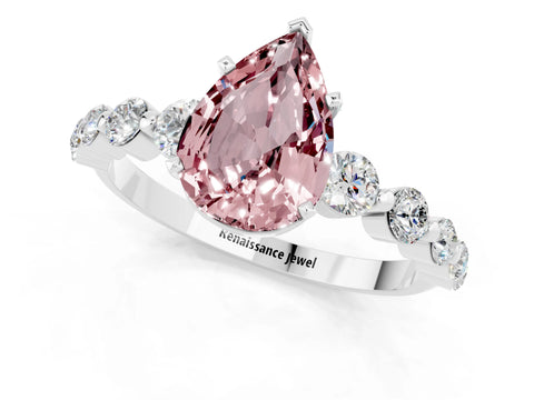 White gold Pear Cut Solitaire Morganite Ring with Pave Band and Four-Prong Setting_1