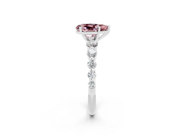 Platinum Pear Cut Solitaire Morganite Ring with Pave Band and Four-Prong Setting