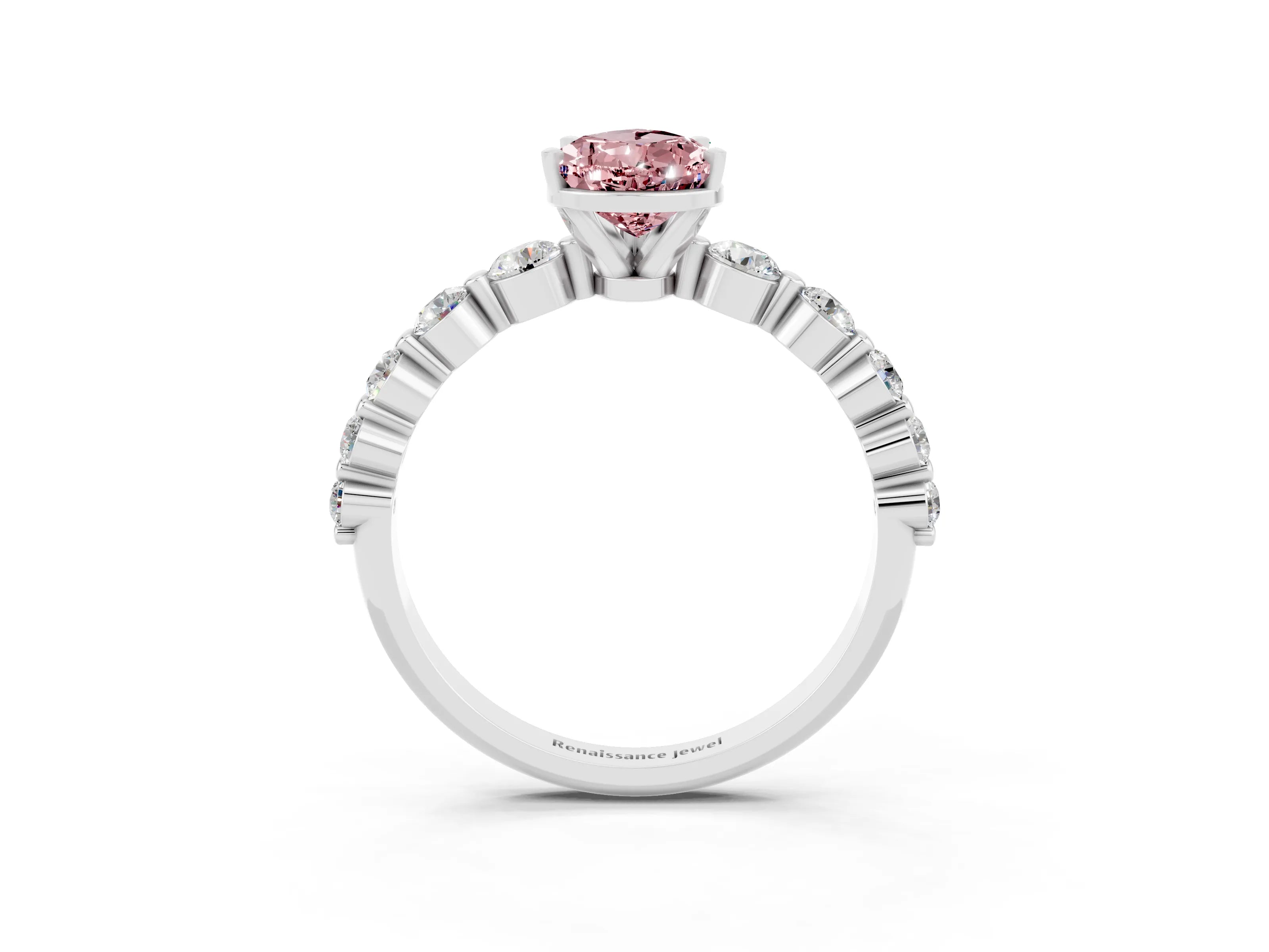 White gold Pear Cut Solitaire Morganite Ring with Pave Band and Four-Prong Setting_3
