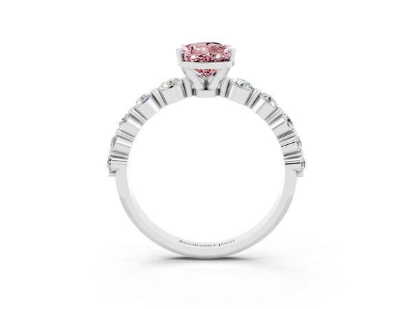 Silver Pear Cut Solitaire Morganite Ring with Pave Band and Four-Prong Setting