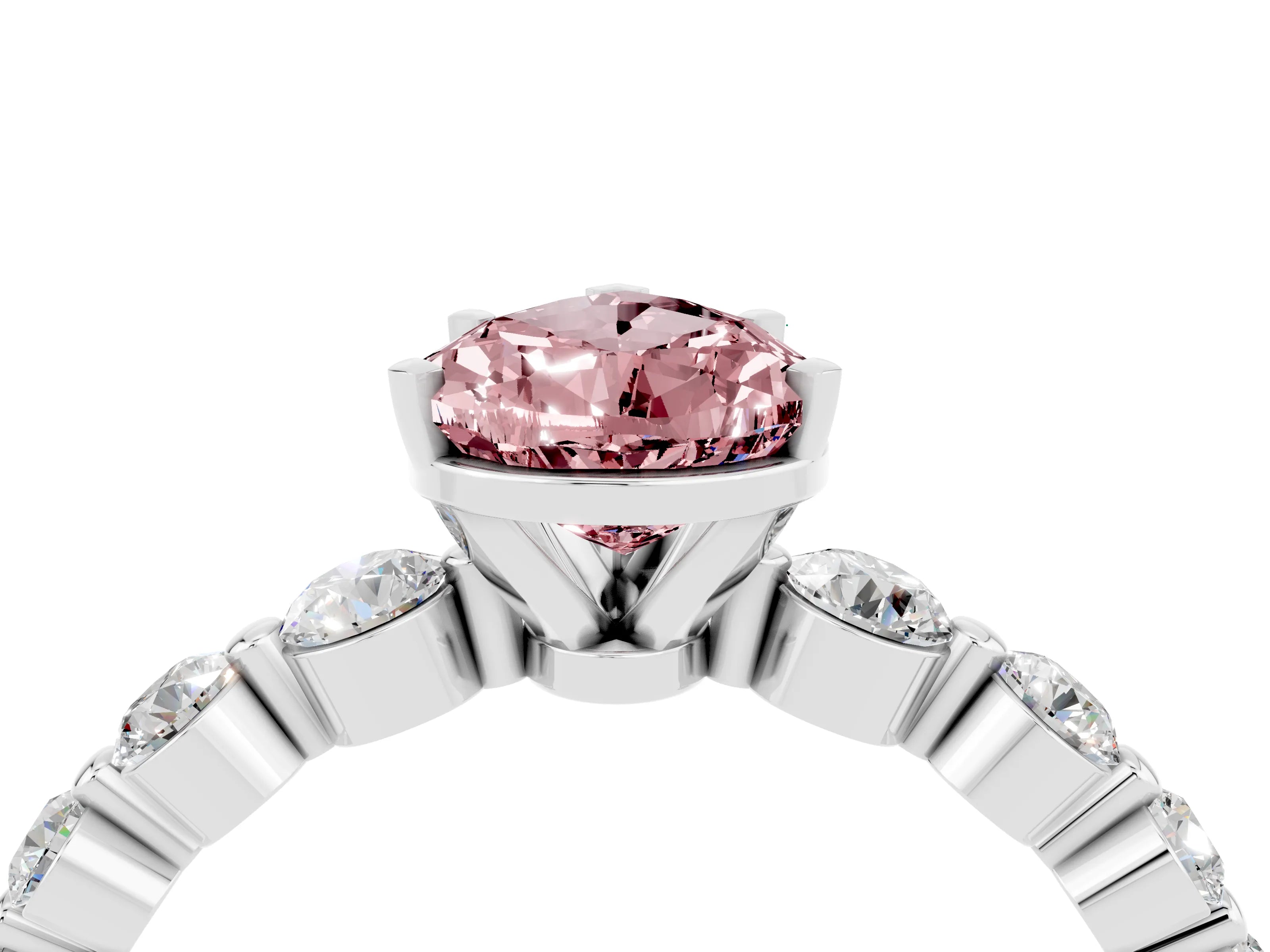 White gold Pear Cut Solitaire Morganite Ring with Pave Band and Four-Prong Setting_4