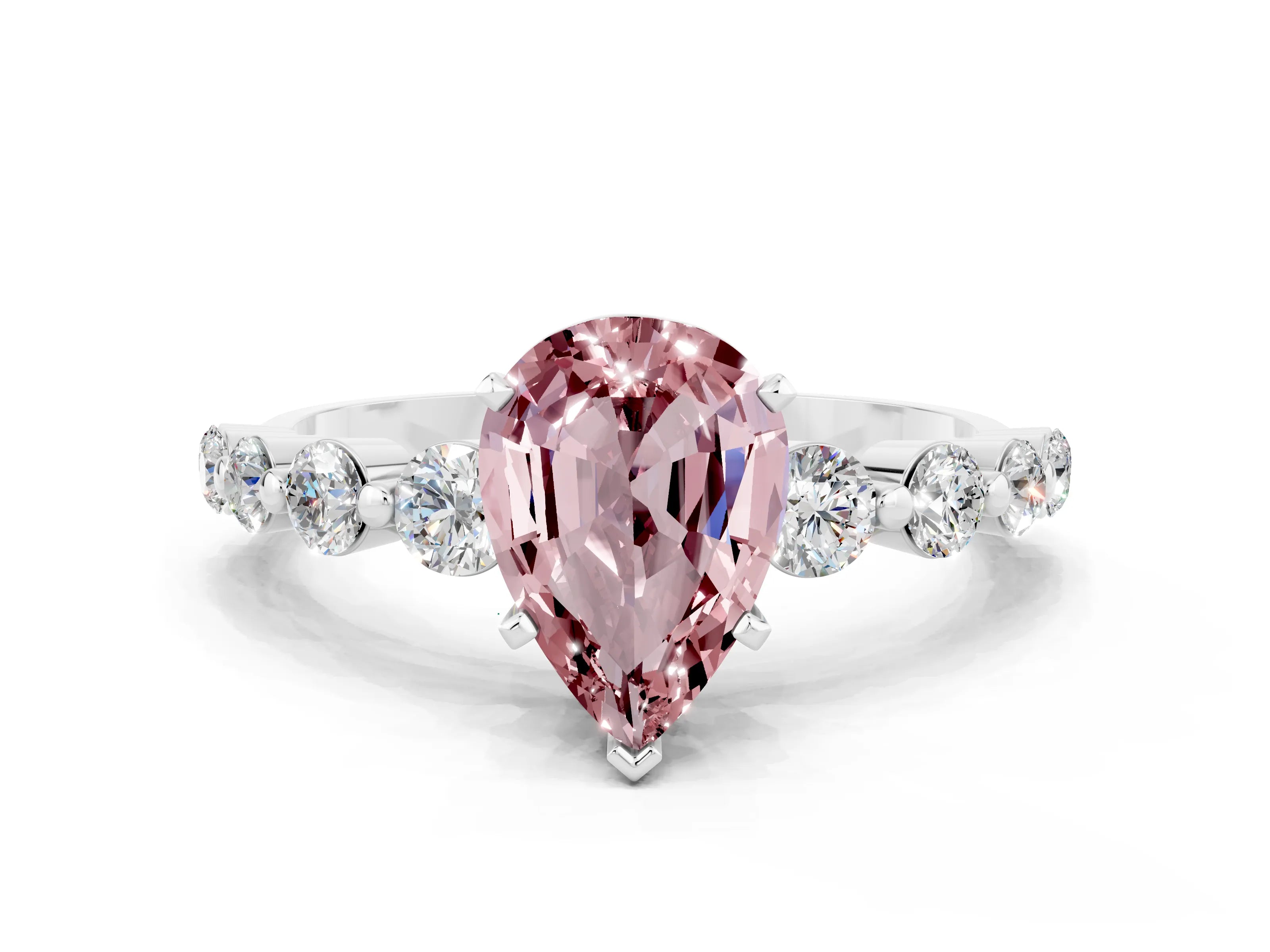 White gold Pear Cut Solitaire Morganite Ring with Pave Band and Four-Prong Setting