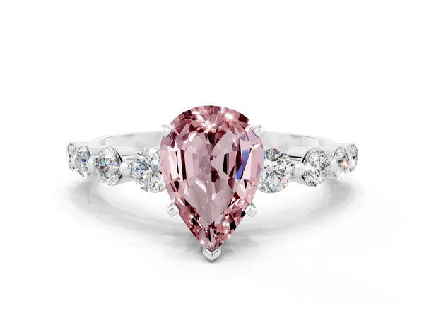 White gold Pear Cut Solitaire Morganite Ring with Pave Band and Four-Prong Setting