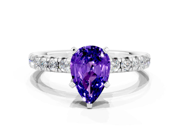 Platinum Pear Cut Solitaire Pave Diamond Engagement Ring with Four-Prong Setting