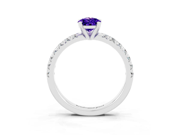 Silver Pear Cut Solitaire Pave Diamond Engagement Ring with Four-Prong Setting