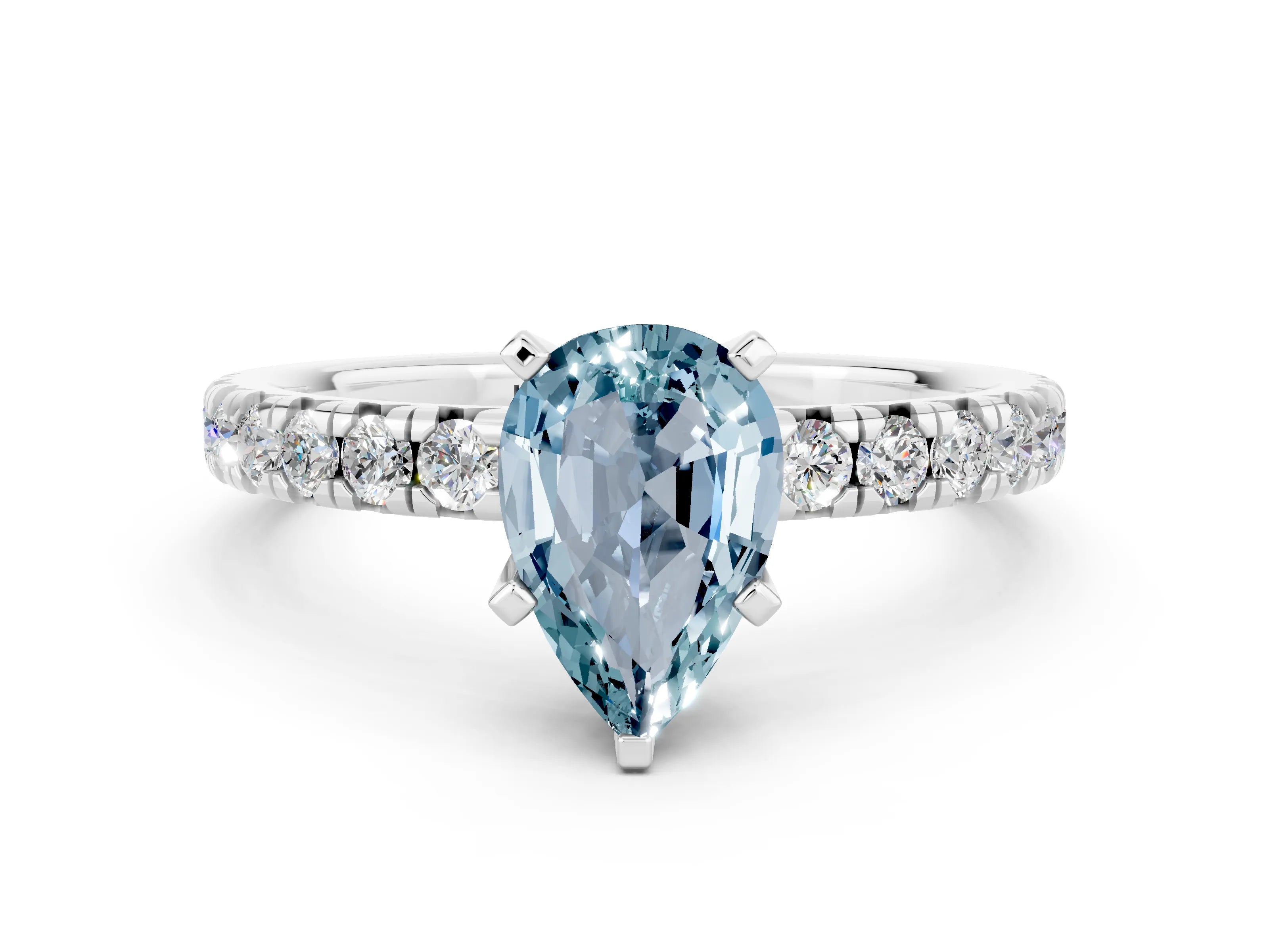 White gold Pear Cut Solitaire Pave Diamond Engagement Ring with Four-Prong Setting