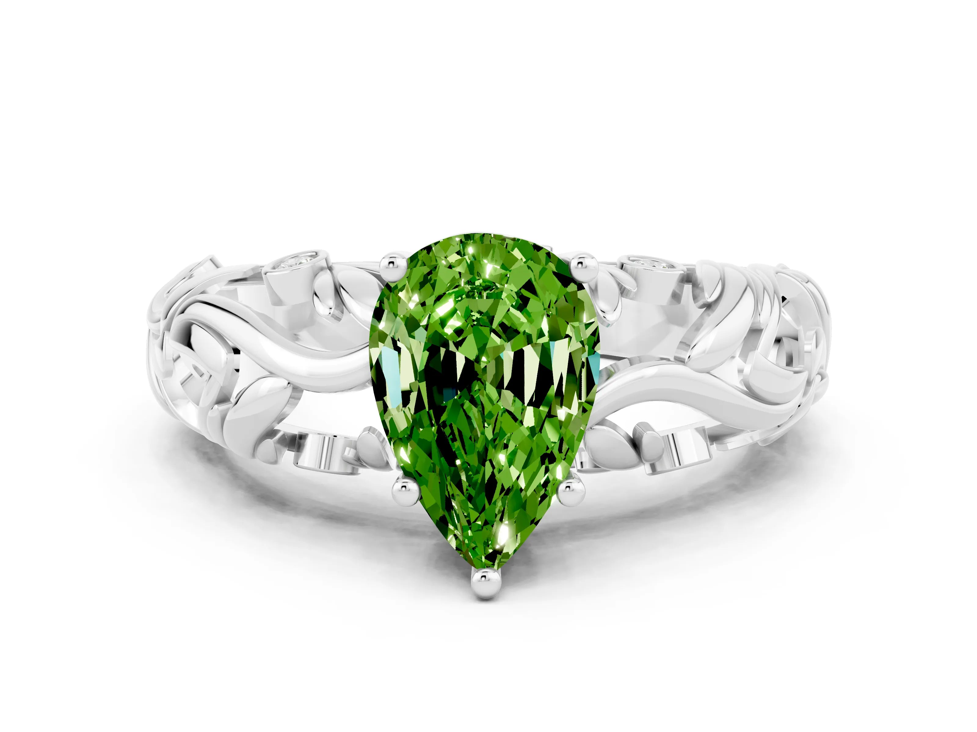 White gold Pear Cut Solitaire Peridot Leaf-Inspired Vine Band Ring with Prong Setting