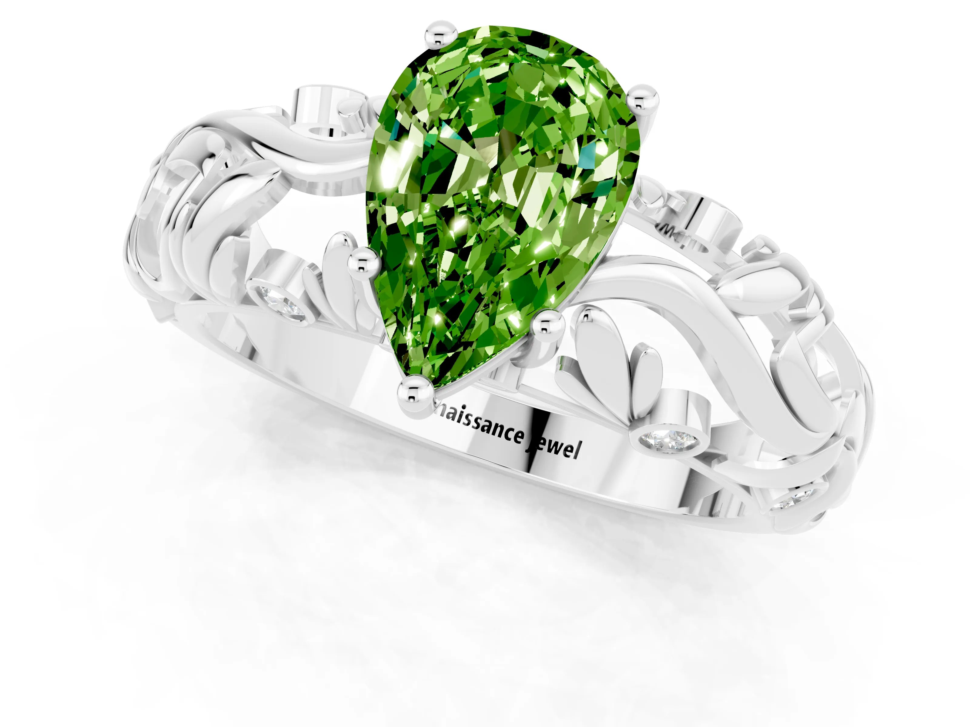 White gold Pear Cut Solitaire Peridot Leaf-Inspired Vine Band Ring with Prong Setting_1