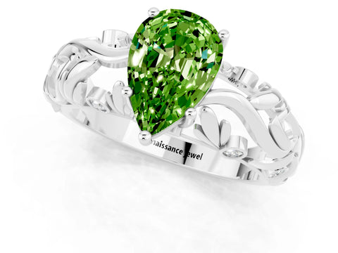 White gold Pear Cut Solitaire Peridot Leaf-Inspired Vine Band Ring with Prong Setting_1