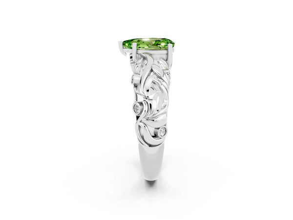 Silver Pear Cut Solitaire Peridot Leaf-Inspired Vine Band Ring with Prong Setting