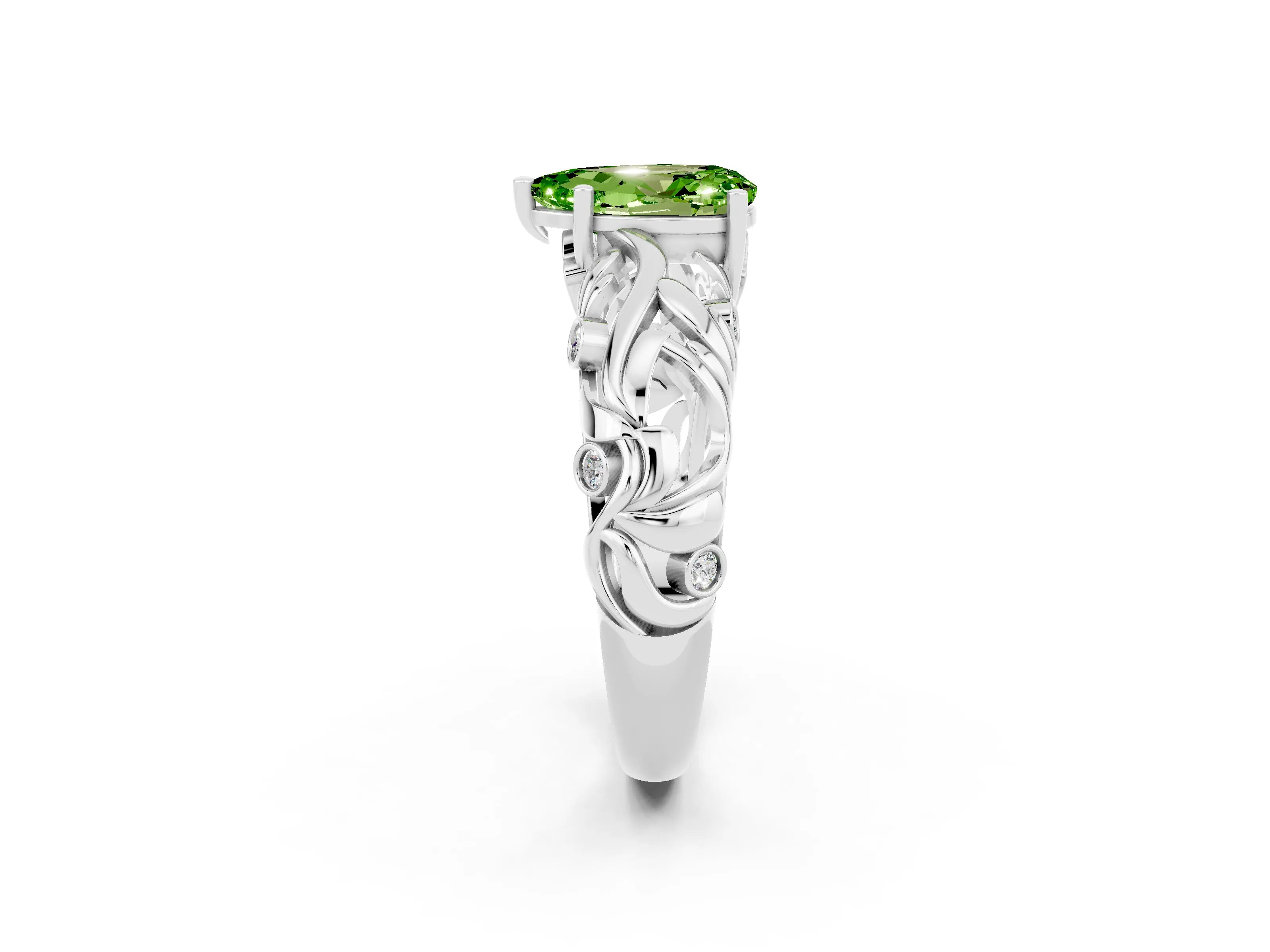 White gold Pear Cut Solitaire Peridot Leaf-Inspired Vine Band Ring with Prong Setting_2