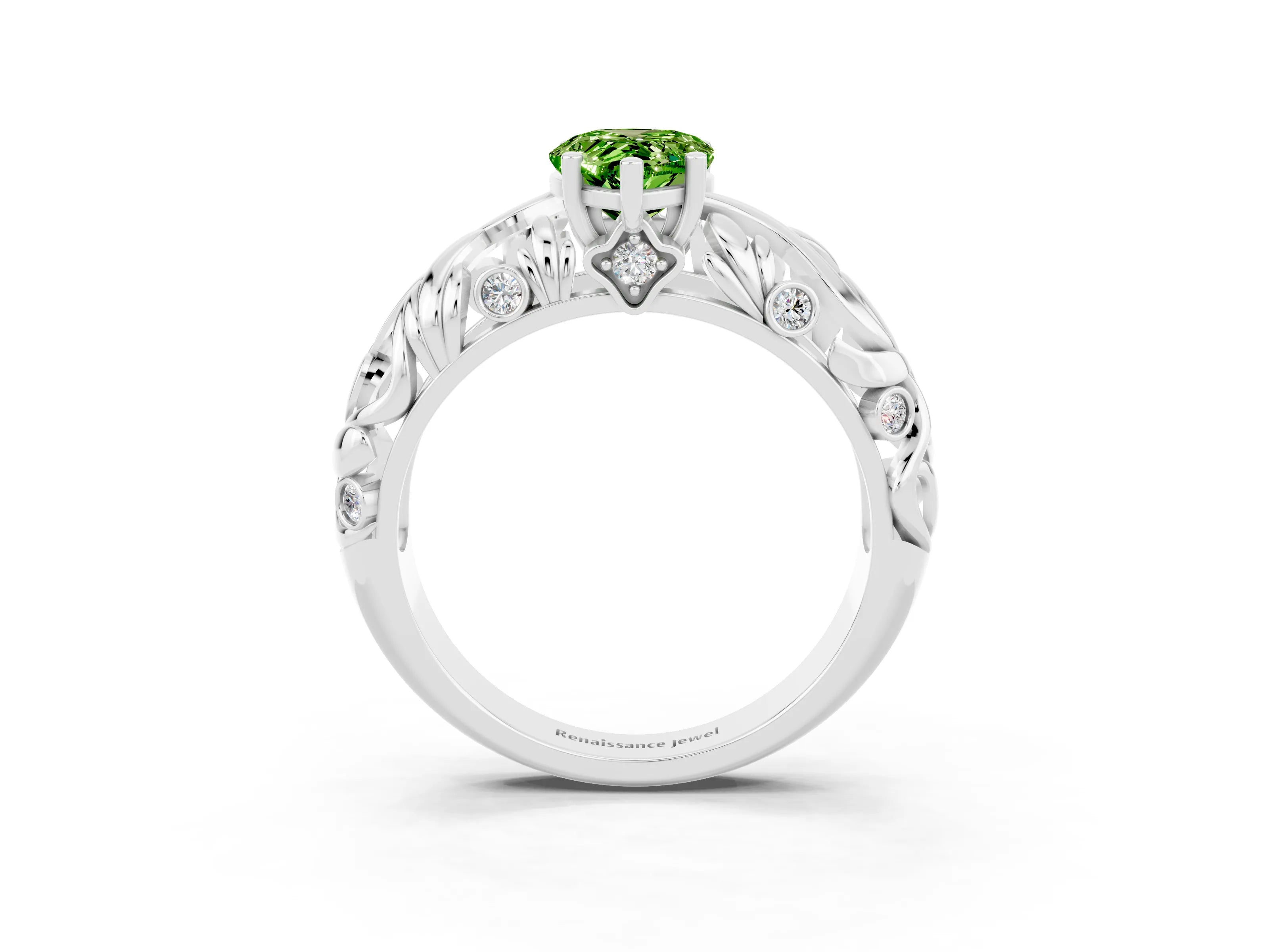 White gold Pear Cut Solitaire Peridot Leaf-Inspired Vine Band Ring with Prong Setting_3