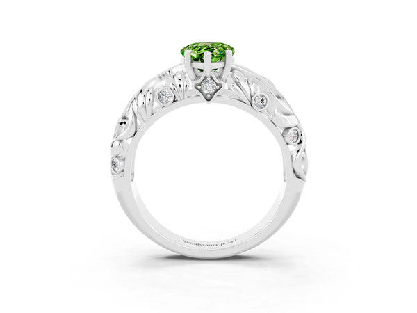 Silver Pear Cut Solitaire Peridot Leaf-Inspired Vine Band Ring with Prong Setting