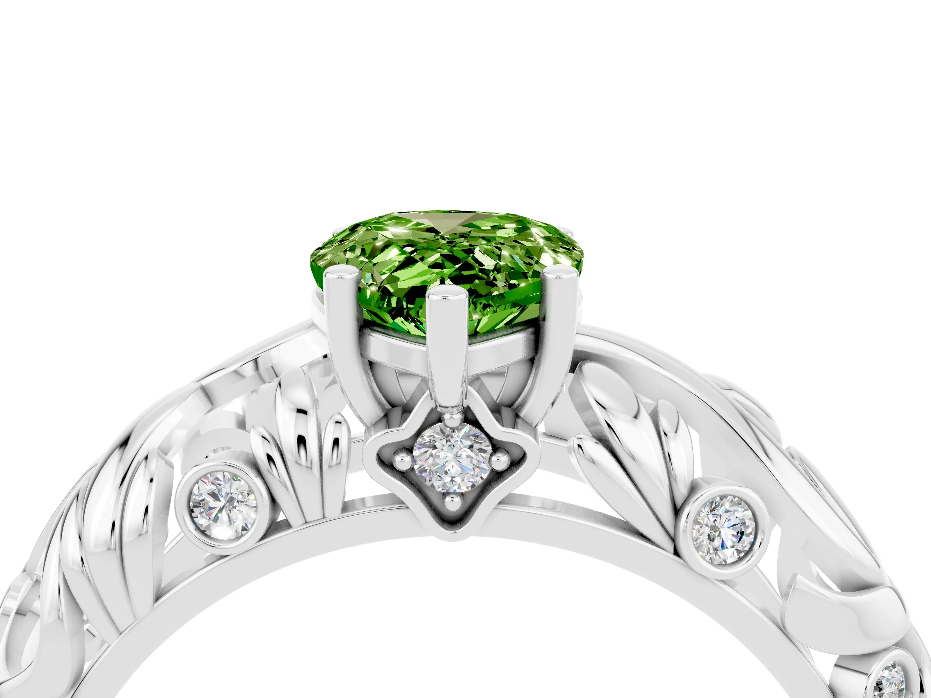 White gold Pear Cut Solitaire Peridot Leaf-Inspired Vine Band Ring with Prong Setting_4