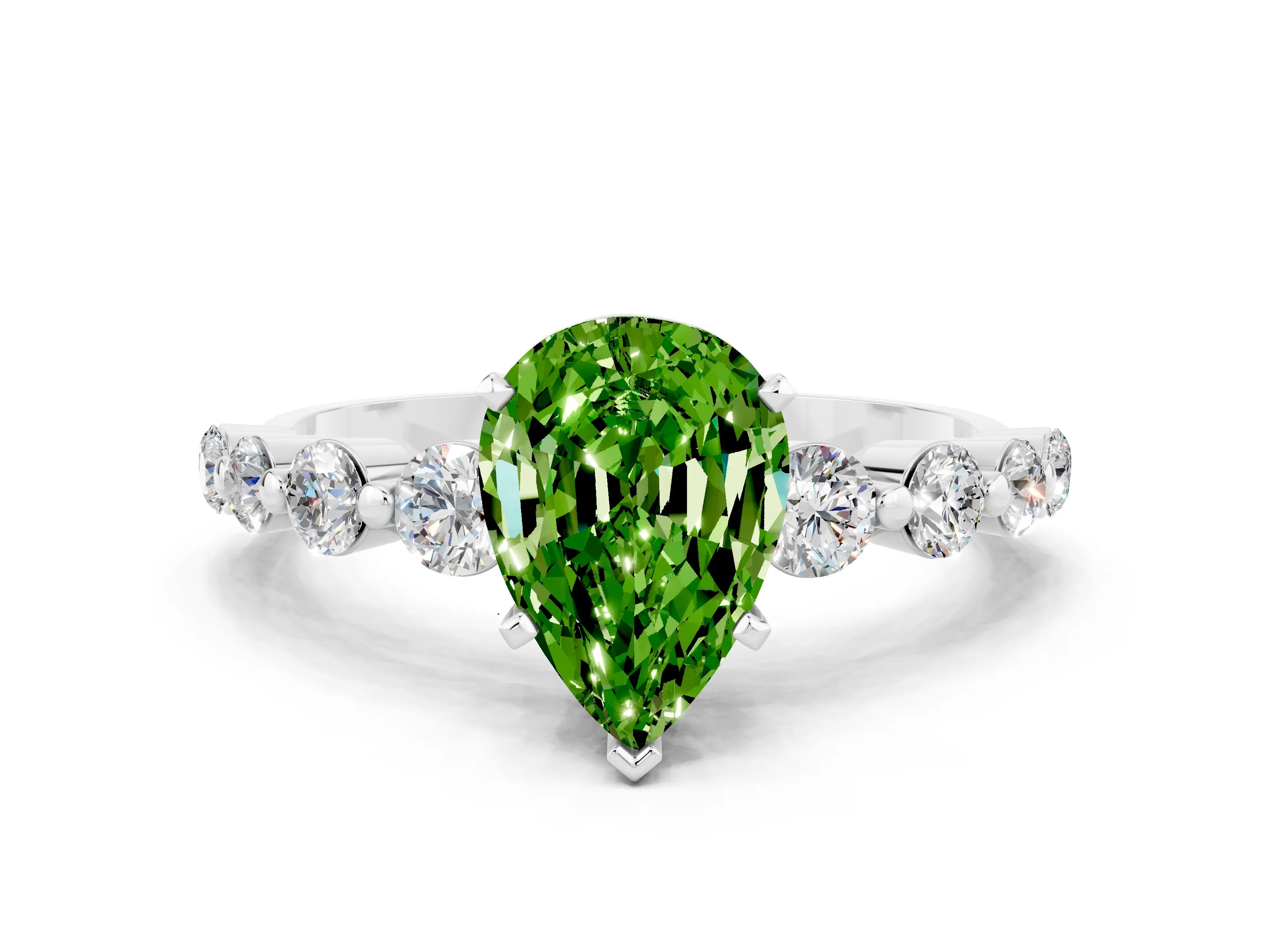 White gold Pear Cut Solitaire Peridot Ring with Pave Band and Four-Prong Setting