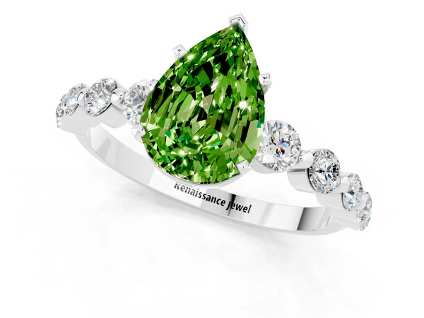 White gold Pear Cut Solitaire Peridot Ring with Pave Band and Four-Prong Setting