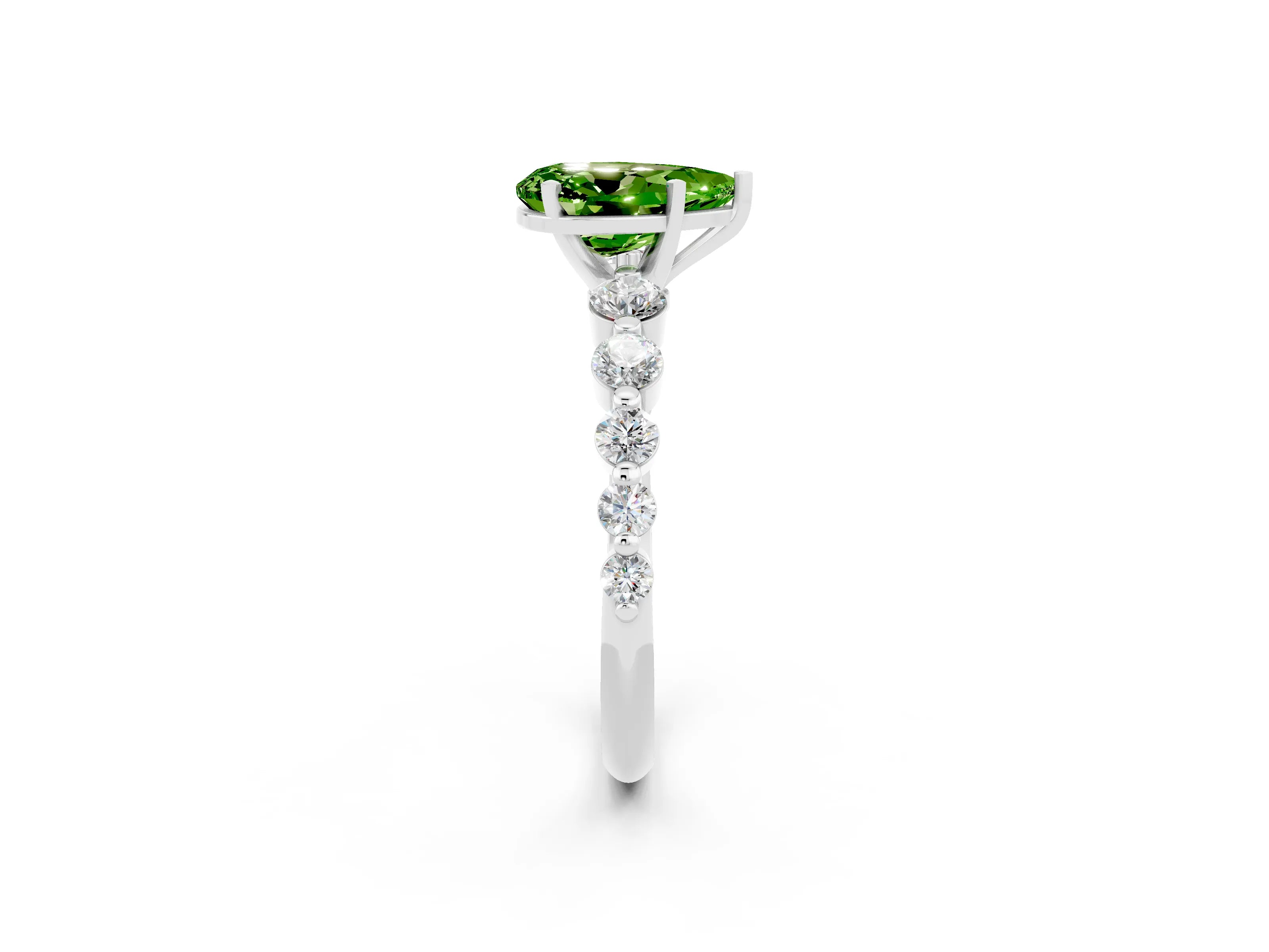 White gold Pear Cut Solitaire Peridot Ring with Pave Band and Four-Prong Setting_2