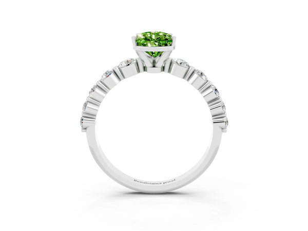 White gold Pear Cut Solitaire Peridot Ring with Pave Band and Four-Prong Setting
