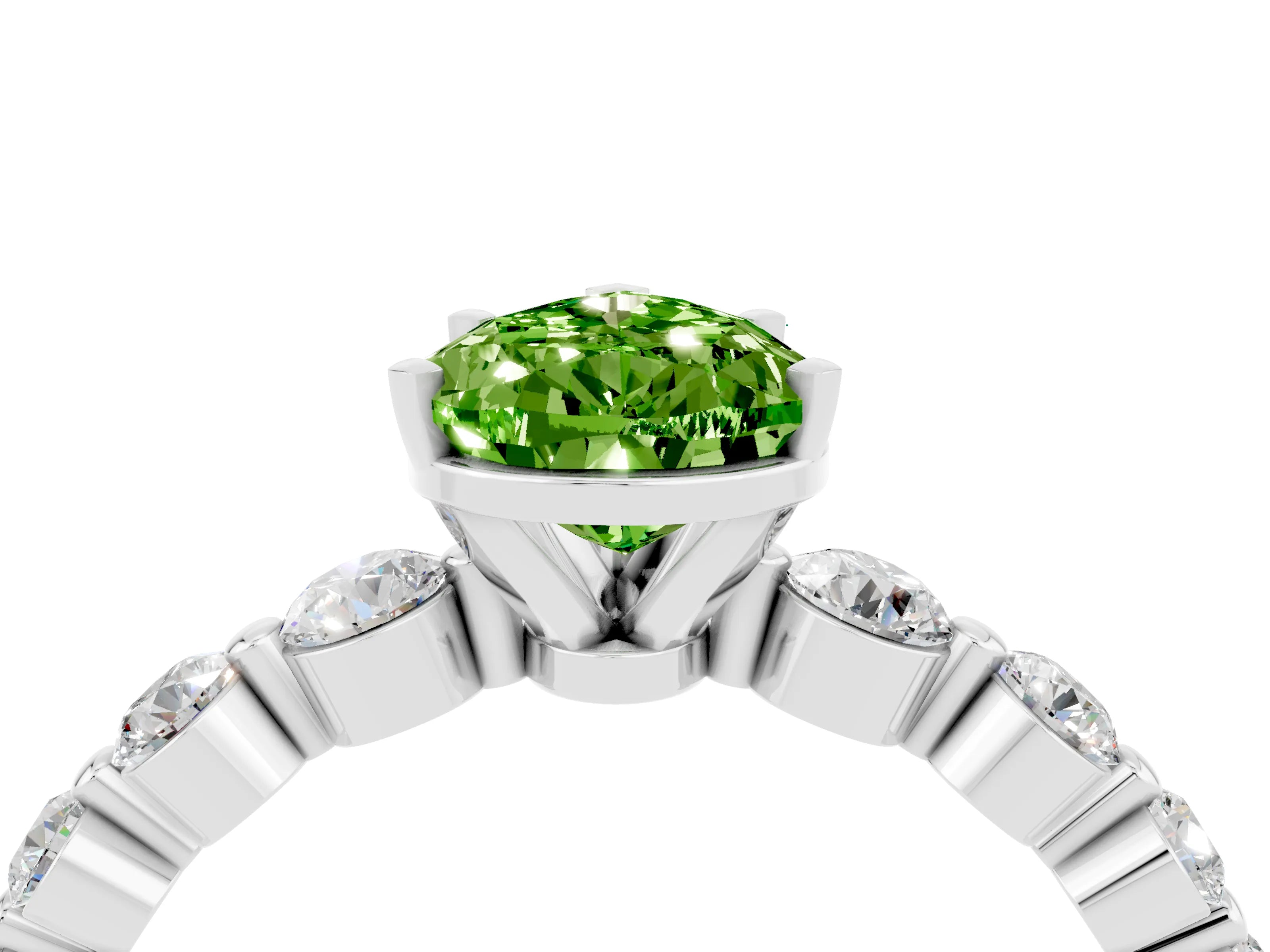 White gold Pear Cut Solitaire Peridot Ring with Pave Band and Four-Prong Setting_4