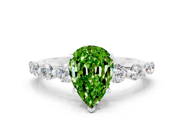 Silver Pear Cut Solitaire Peridot Ring with Pave Band and Four-Prong Setting
