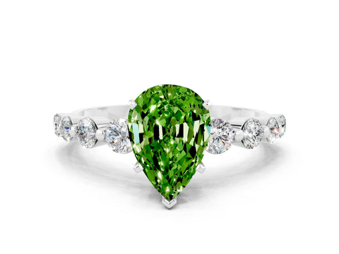 White gold Pear Cut Solitaire Peridot Ring with Pave Band and Four-Prong Setting