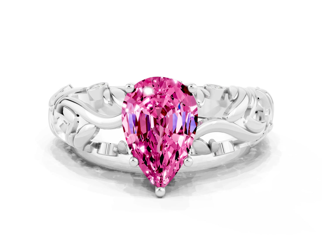 White gold Pear Cut Solitaire Pink Sapphire Leaf-Inspired Vine Band Ring with Prong Setting_24