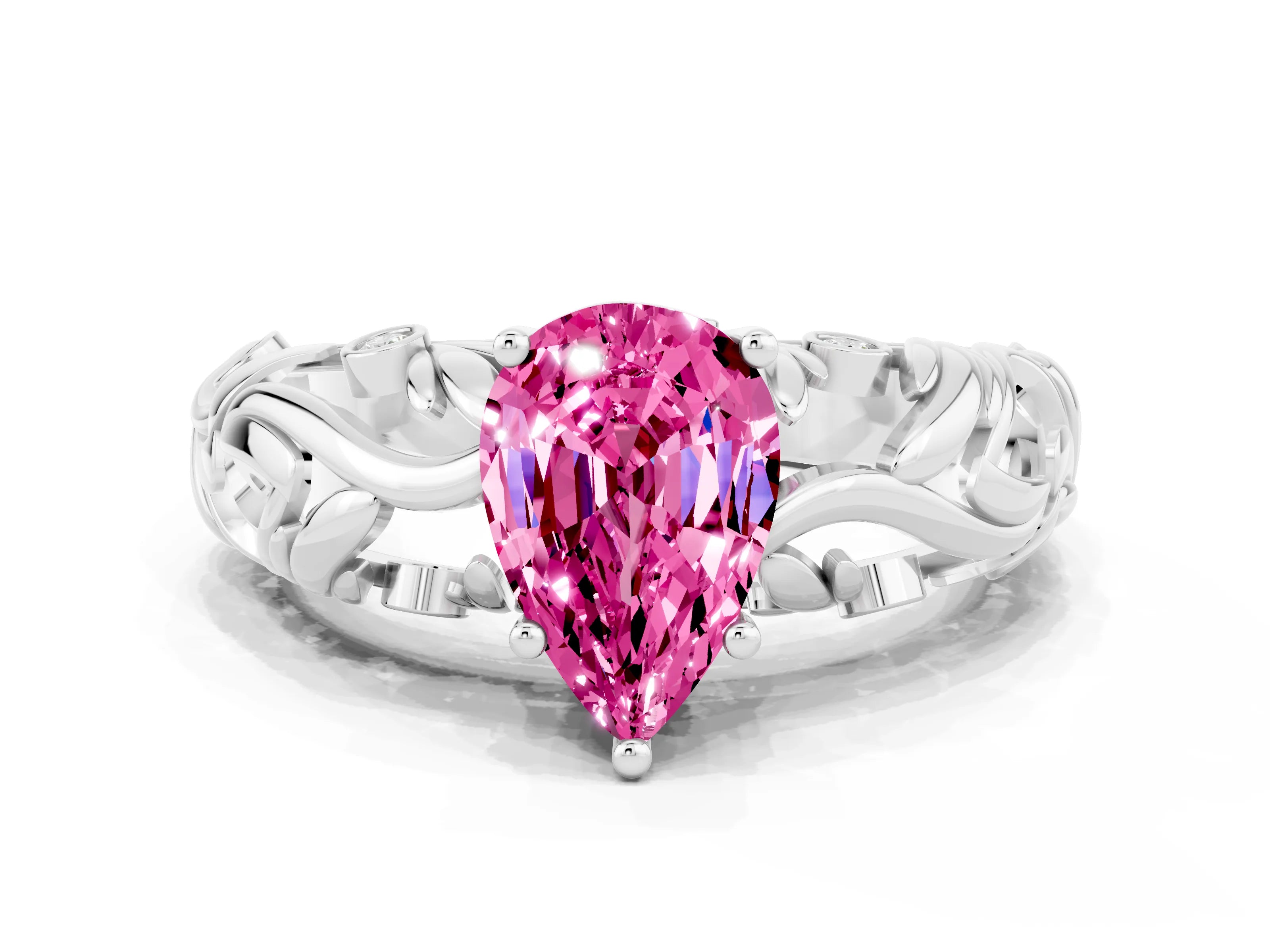 White gold Pear Cut Solitaire Pink Sapphire Leaf-Inspired Vine Band Ring with Prong Setting_24