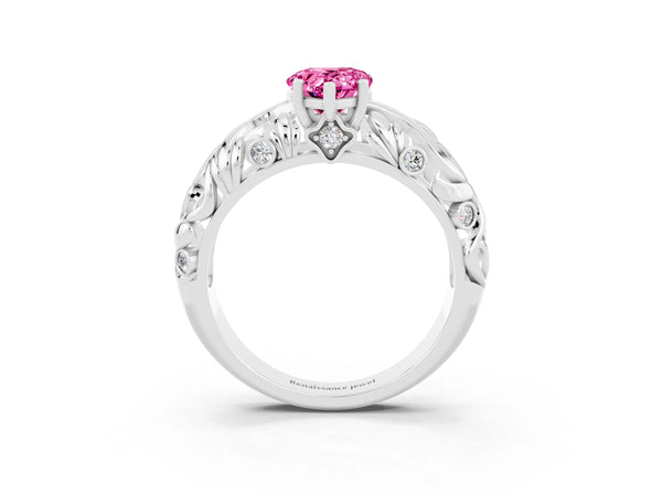 Silver Pear Cut Solitaire Pink Sapphire Leaf-Inspired Vine Band Ring with Prong Setting