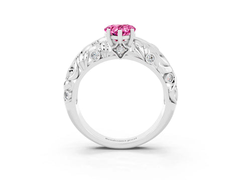 White gold Pear Cut Solitaire Pink Sapphire Leaf-Inspired Vine Band Ring with Prong Setting_27