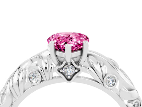 White gold Pear Cut Solitaire Pink Sapphire Leaf-Inspired Vine Band Ring with Prong Setting_28