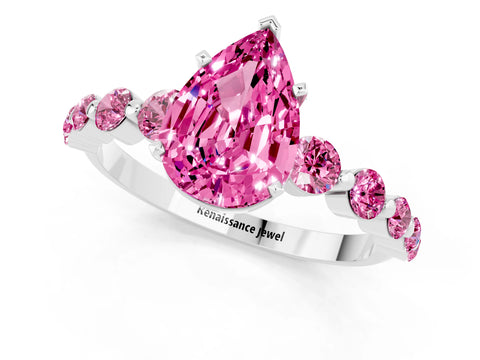 White gold Pear Cut Solitaire Pink Sapphire Ring with Pave Band and Four-Prong Setting_1