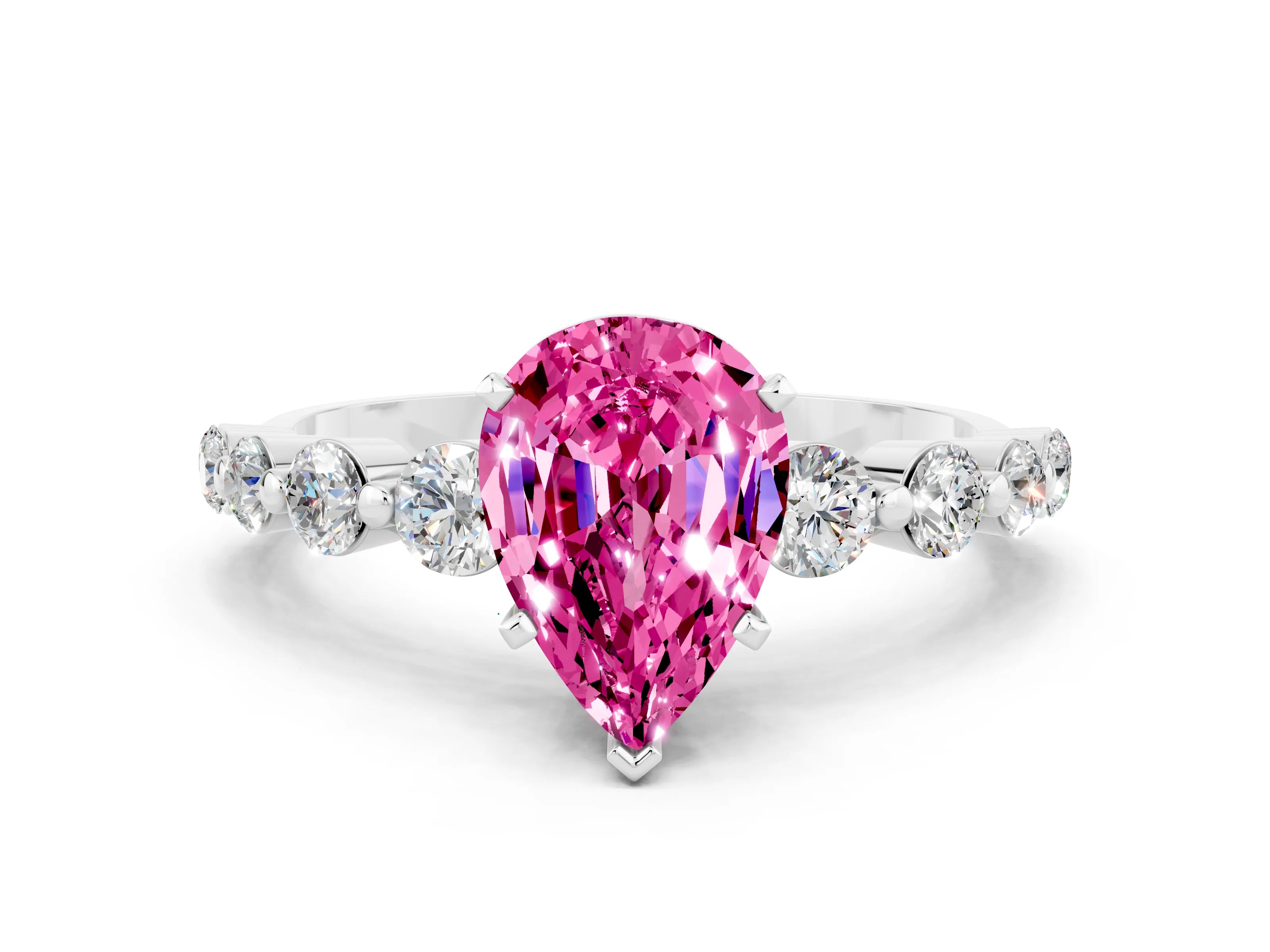 White gold Pear Cut Solitaire Pink Sapphire Ring with Pave Band and Four-Prong Setting_24