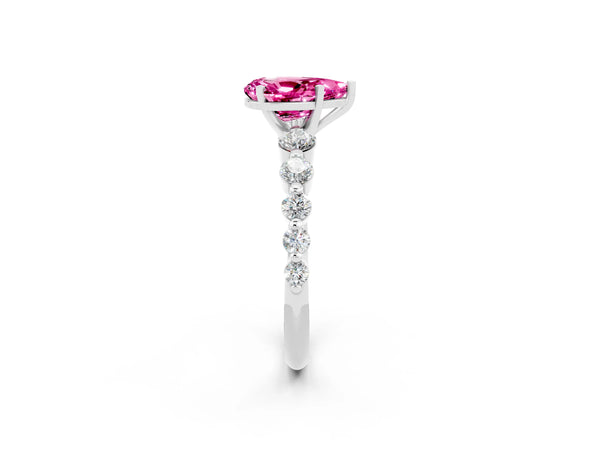 Silver Pear Cut Solitaire Pink Sapphire Ring with Pave Band and Four-Prong Setting