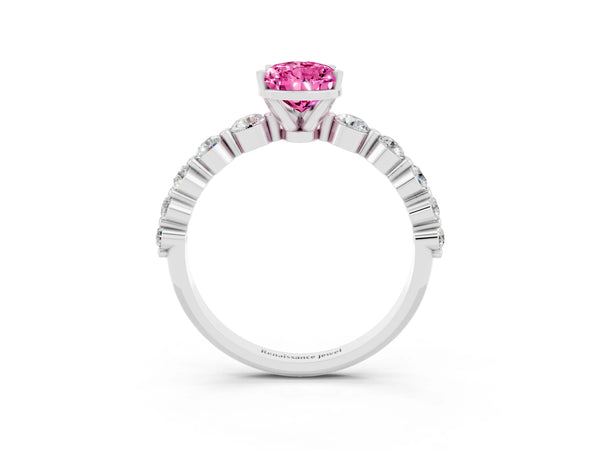 Platinum Pear Cut Solitaire Pink Sapphire Ring with Pave Band and Four-Prong Setting