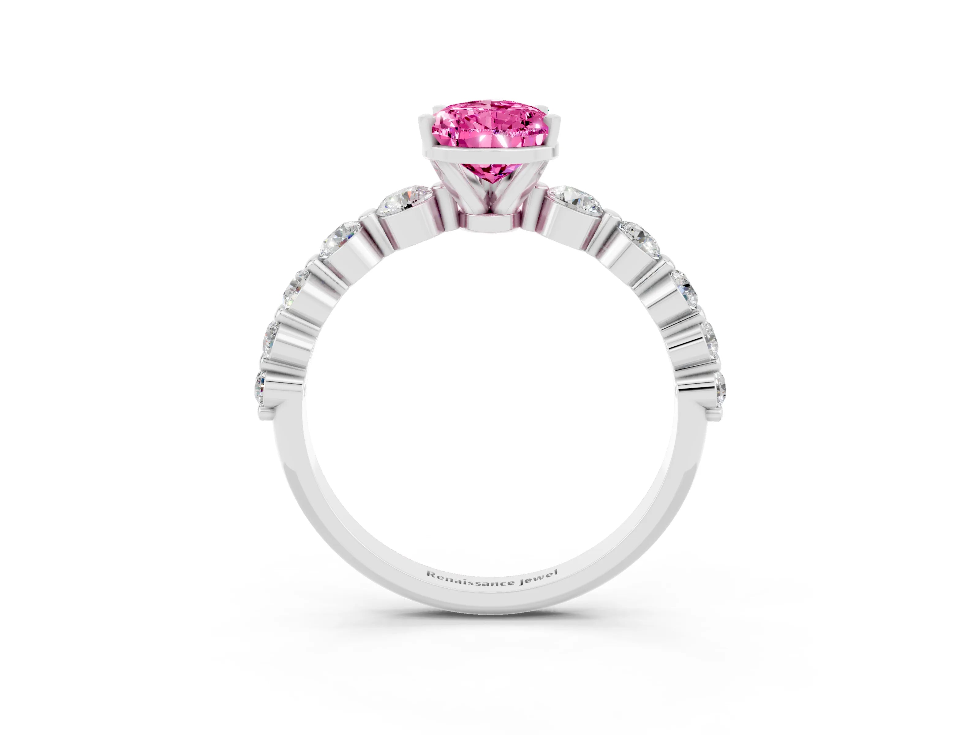 White gold Pear Cut Solitaire Pink Sapphire Ring with Pave Band and Four-Prong Setting_27