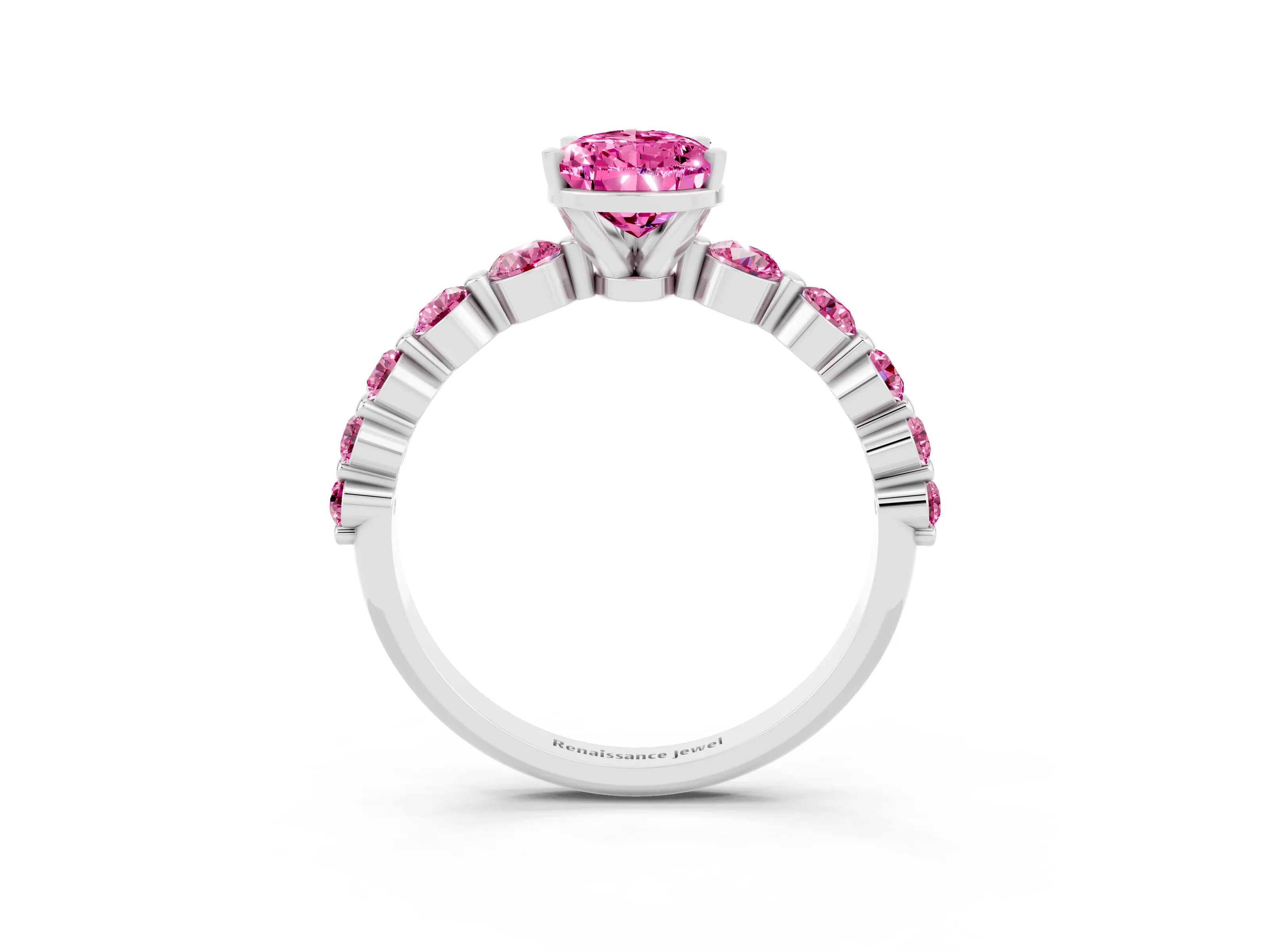 White gold Pear Cut Solitaire Pink Sapphire Ring with Pave Band and Four-Prong Setting_3