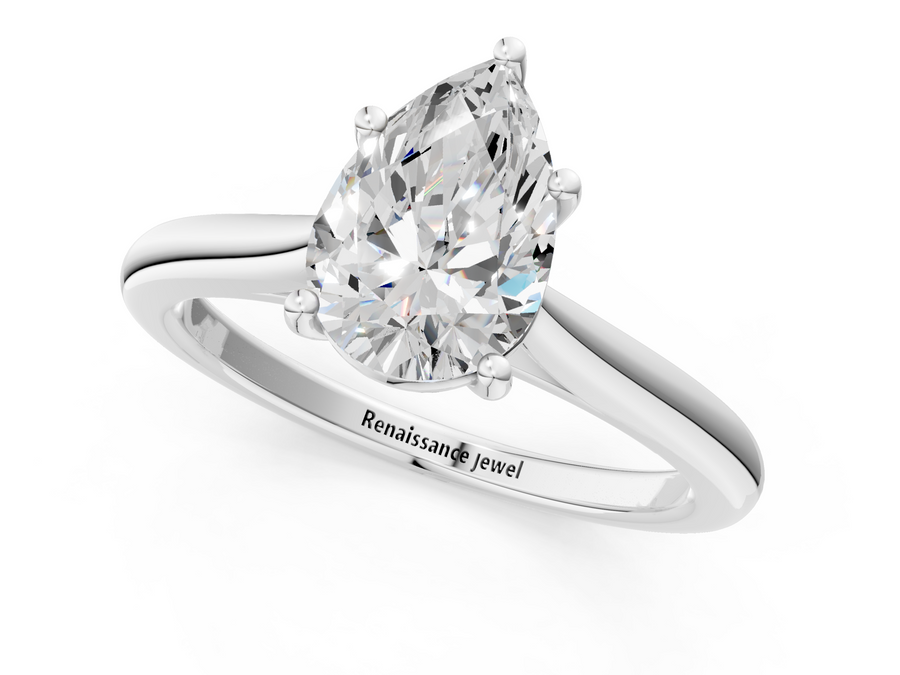 White gold Pear Cut Solitaire Ring with Cathedral Band and Four-Prong Setting