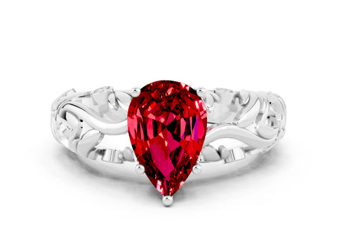 White gold Pear Cut Solitaire Ruby Leaf-Inspired Vine Band Ring with Prong Setting