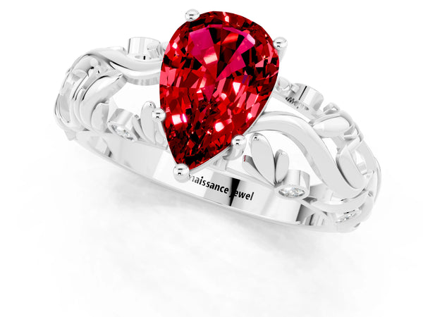 Platinum Pear Cut Solitaire Ruby Leaf-Inspired Vine Band Ring with Prong Setting