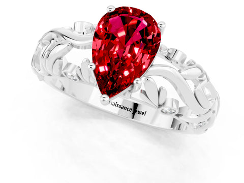 White gold Pear Cut Solitaire Ruby Leaf-Inspired Vine Band Ring with Prong Setting_1