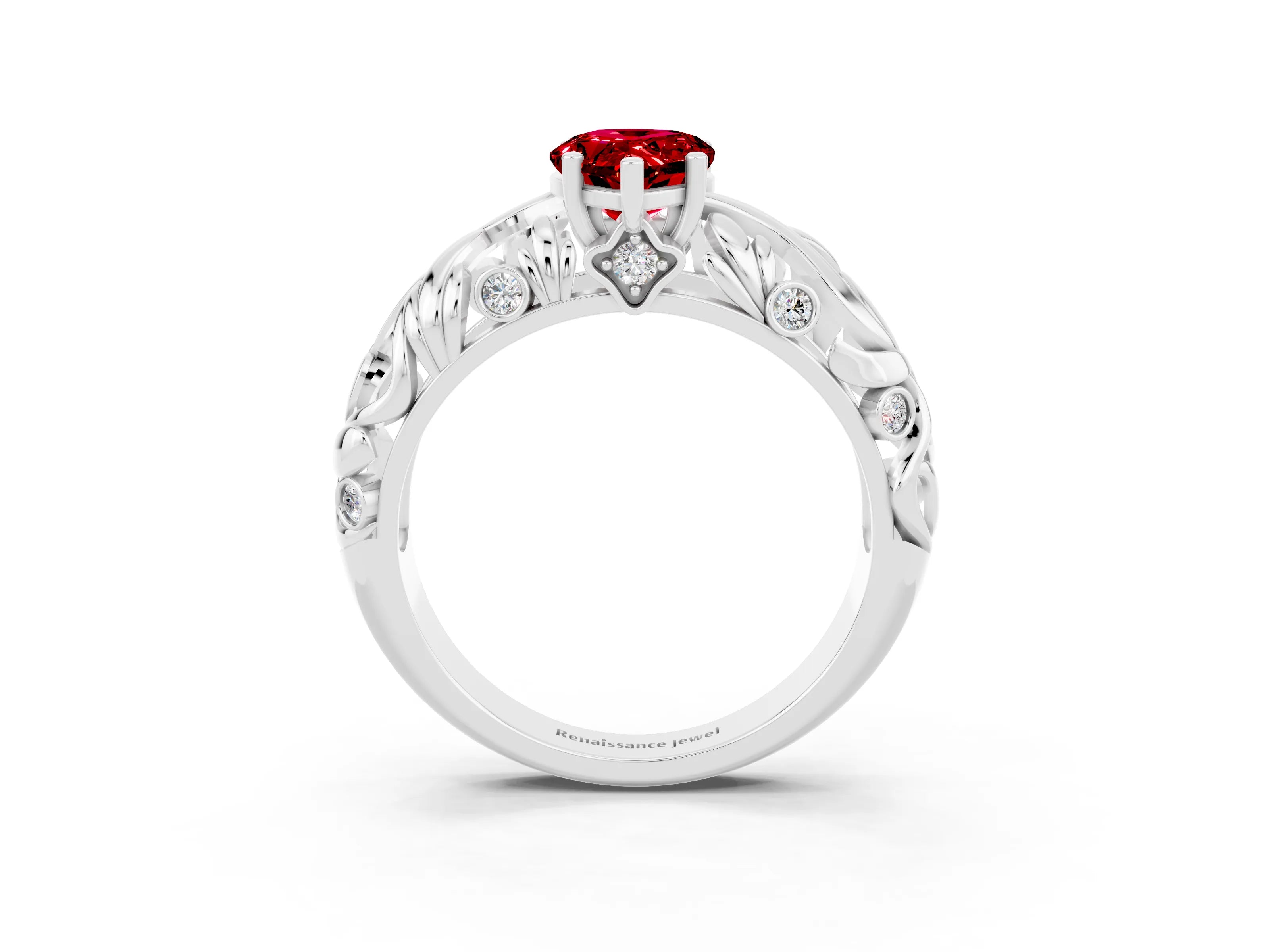 White gold Pear Cut Solitaire Ruby Leaf-Inspired Vine Band Ring with Prong Setting_3