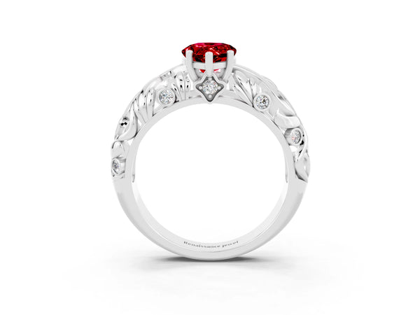 Silver Pear Cut Solitaire Ruby Leaf-Inspired Vine Band Ring with Prong Setting