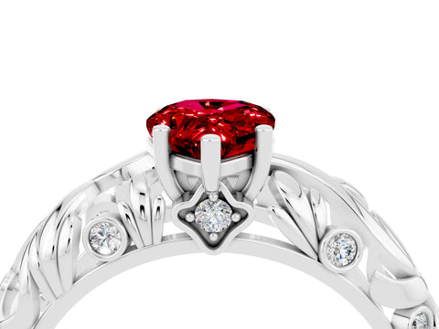 White gold Pear Cut Solitaire Ruby Leaf-Inspired Vine Band Ring with Prong Setting_4