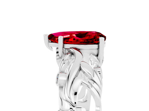 White gold Pear Cut Solitaire Ruby Leaf-Inspired Vine Band Ring with Prong Setting_5
